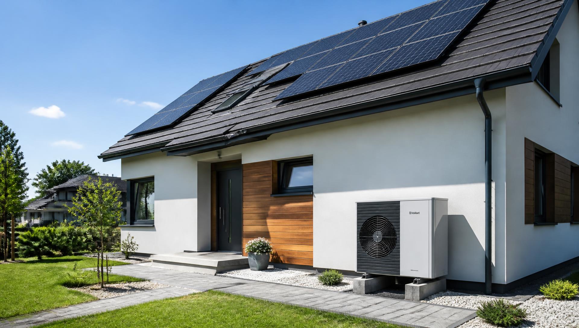 Maison équipée d'une pompe à chaleur et de panneaux solaires